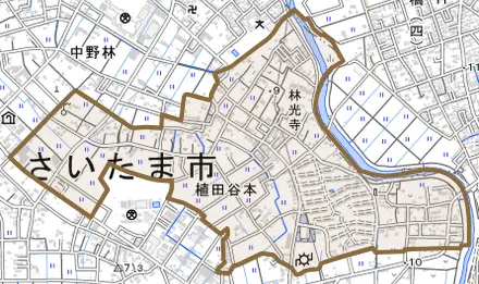 大字植田谷本とその周辺の地図。町の範囲を重ねている