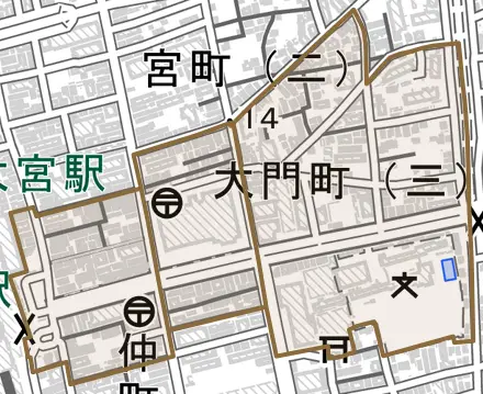 大門町とその周辺の地図。町の範囲を重ねている
