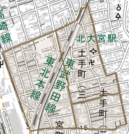 土手町とその周辺の地図。町の範囲を重ねている