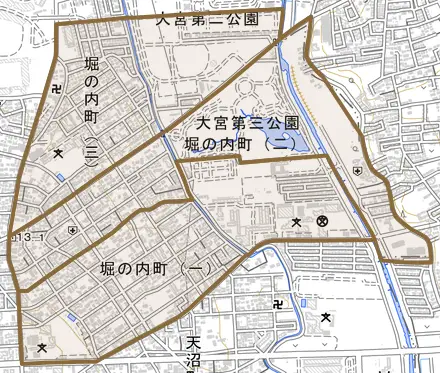 堀の内町とその周辺の地図。町の範囲を重ねている