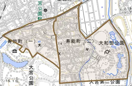 寿能町とその周辺の地図。町の範囲を重ねている