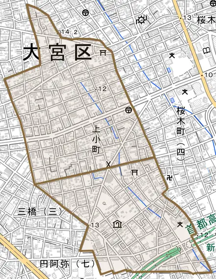 上小町とその周辺の地図。町の範囲を重ねている
