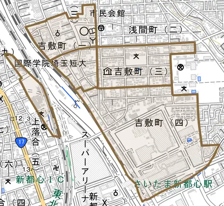 吉敷町とその周辺の地図。町の範囲を重ねている