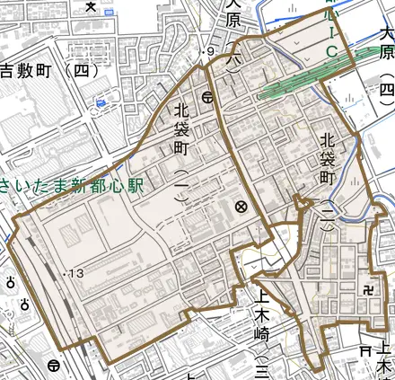 北袋町とその周辺の地図。町の範囲を重ねている