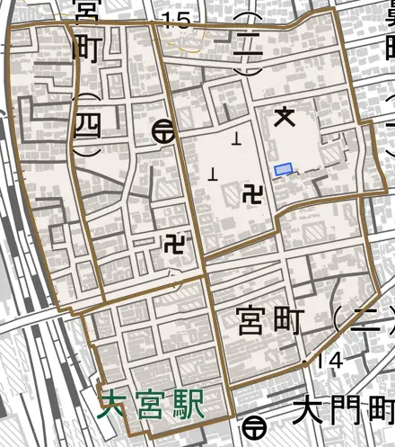 宮町とその周辺の地図。町の範囲を重ねている