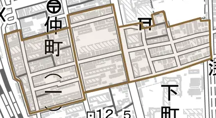 仲町とその周辺の地図。町の範囲を重ねている