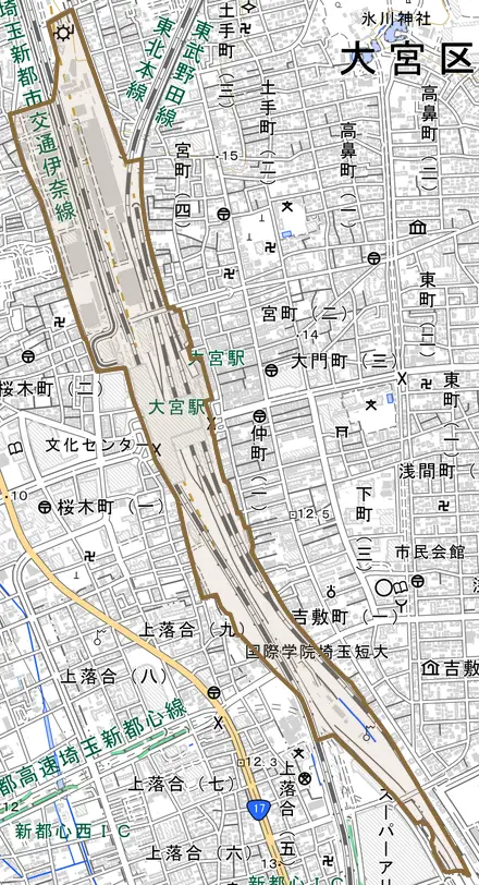 錦町とその周辺の地図。町の範囲を重ねている