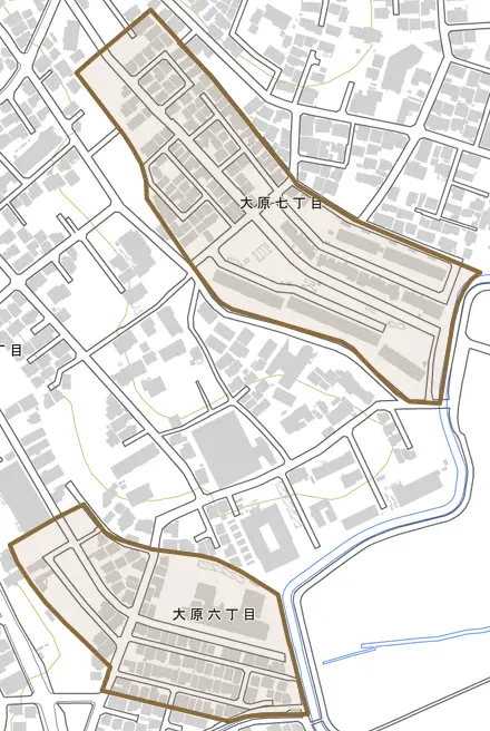 大原とその周辺の地図。町の範囲を重ねている