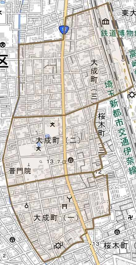 大成町とその周辺の地図。町の範囲を重ねている
