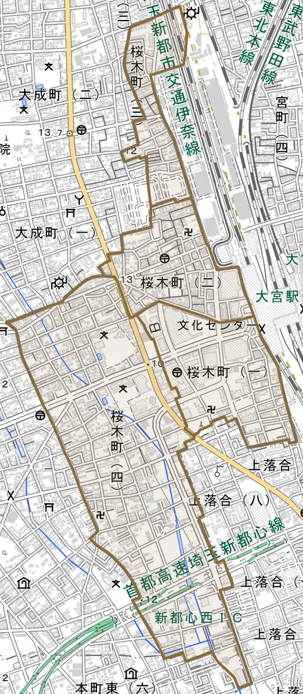 桜木町とその周辺の地図。町の範囲を重ねている