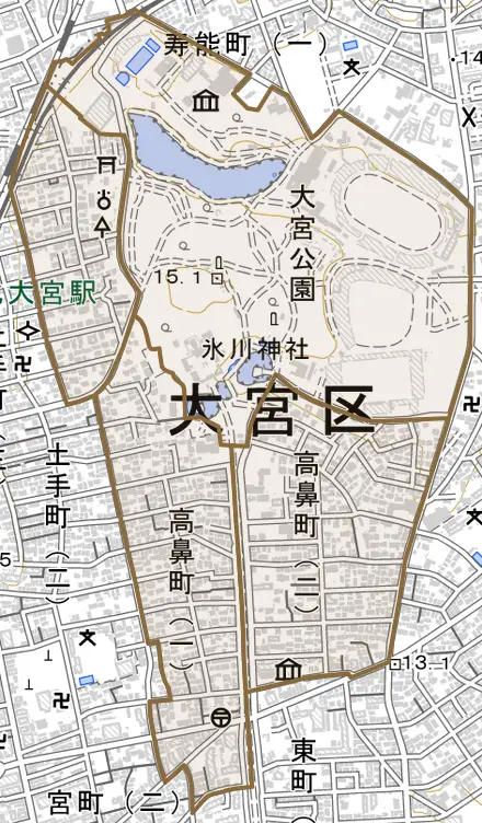 高鼻町とその周辺の地図。町の範囲を重ねている