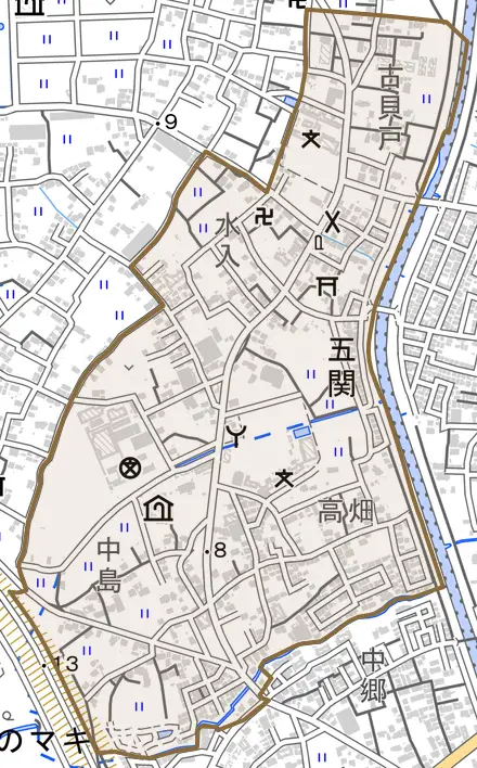 大字五関とその周辺の地図。町の範囲を重ねている