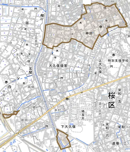 大字神田とその周辺の地図。町の範囲を重ねている