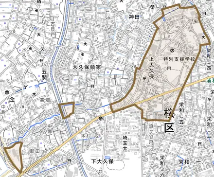 大字上大久保とその周辺の地図。町の範囲を重ねている