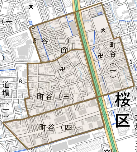 町谷とその周辺の地図。町の範囲を重ねている