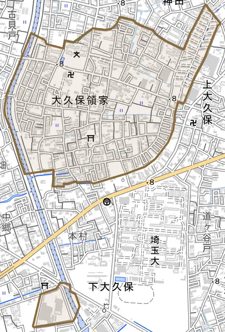 大字大久保領家とその周辺の地図。町の範囲を重ねている