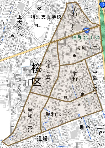 栄和とその周辺の地図。町の範囲を重ねている