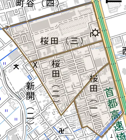 桜田とその周辺の地図。町の範囲を重ねている