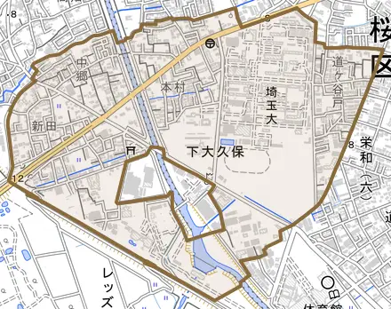 大字下大久保とその周辺の地図。町の範囲を重ねている