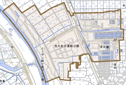 大字昭和とその周辺の地図。町の範囲を重ねている