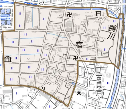 大字宿とその周辺の地図。町の範囲を重ねている
