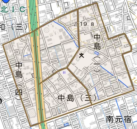 中島とその周辺の地図。町の範囲を重ねている