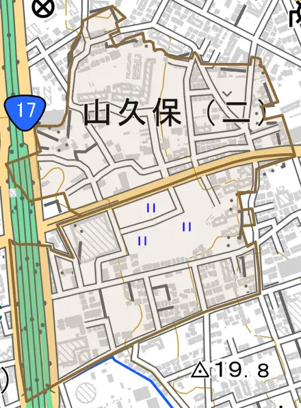 山久保とその周辺の地図。町の範囲を重ねている