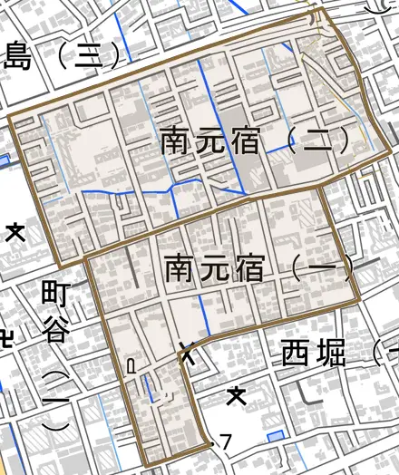 南元宿とその周辺の地図。町の範囲を重ねている
