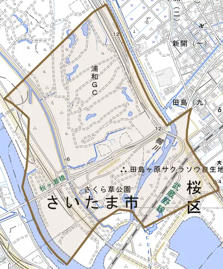 大字田島とその周辺の地図。町の範囲を重ねている