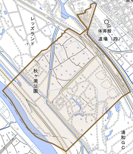 大字道場とその周辺の地図。町の範囲を重ねている