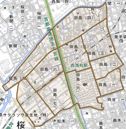 田島とその周辺の地図。町の範囲を重ねている
