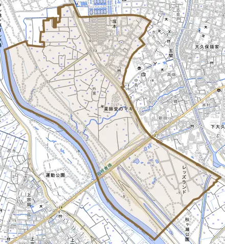 大字塚本とその周辺の地図。町の範囲を重ねている