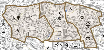 大東とその周辺の地図。町の範囲を重ねている