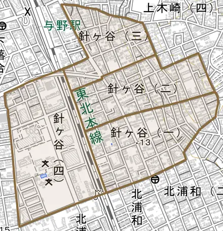 針ヶ谷とその周辺の地図。町の範囲を重ねている