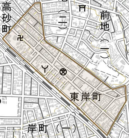東岸町とその周辺の地図。町の範囲を重ねている