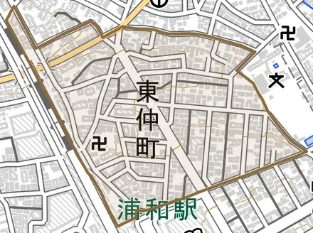 東仲町とその周辺の地図。町の範囲を重ねている