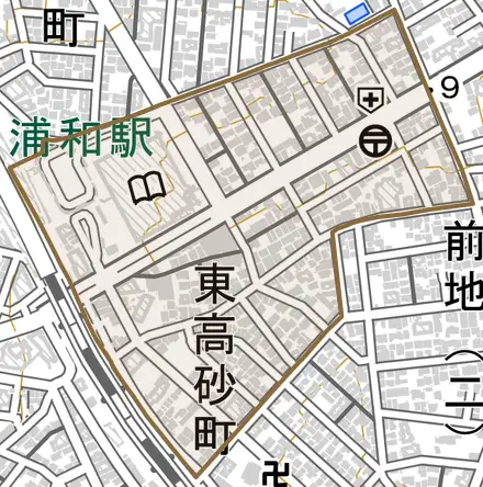 東高砂町とその周辺の地図。町の範囲を重ねている