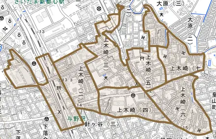 上木崎とその周辺の地図。町の範囲を重ねている