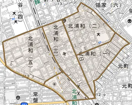 北浦和とその周辺の地図。町の範囲を重ねている