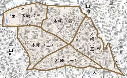 木崎とその周辺の地図。町の範囲を重ねている