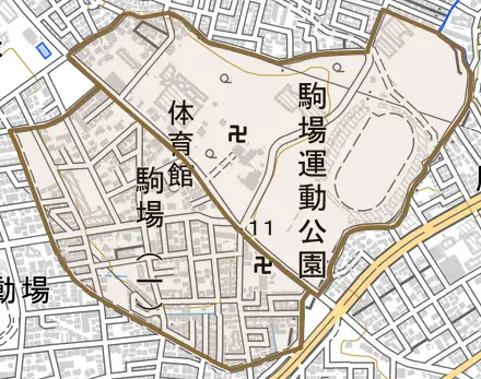 駒場とその周辺の地図。町の範囲を重ねている