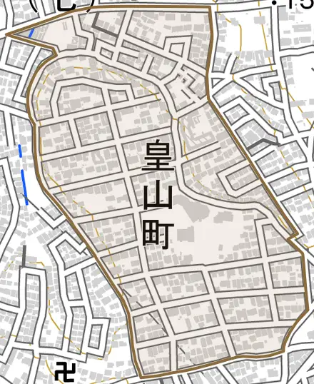 皇山町とその周辺の地図。町の範囲を重ねている