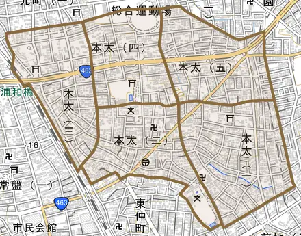 本太とその周辺の地図。町の範囲を重ねている