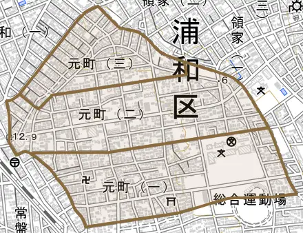 元町とその周辺の地図。町の範囲を重ねている