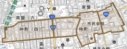 仲町とその周辺の地図。町の範囲を重ねている