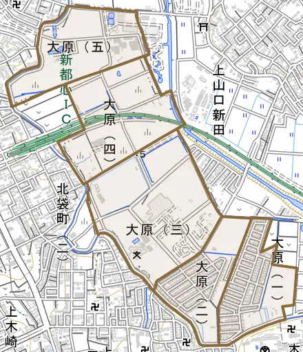 大原とその周辺の地図。町の範囲を重ねている