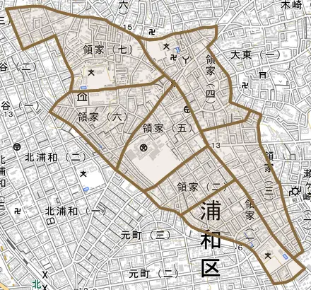 領家とその周辺の地図。町の範囲を重ねている