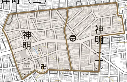 神明とその周辺の地図。町の範囲を重ねている