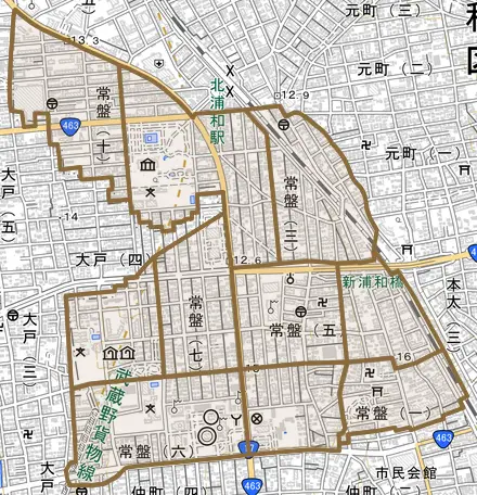 常盤とその周辺の地図。町の範囲を重ねている