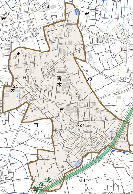 大字青木とその周辺の地図。町の範囲を重ねている